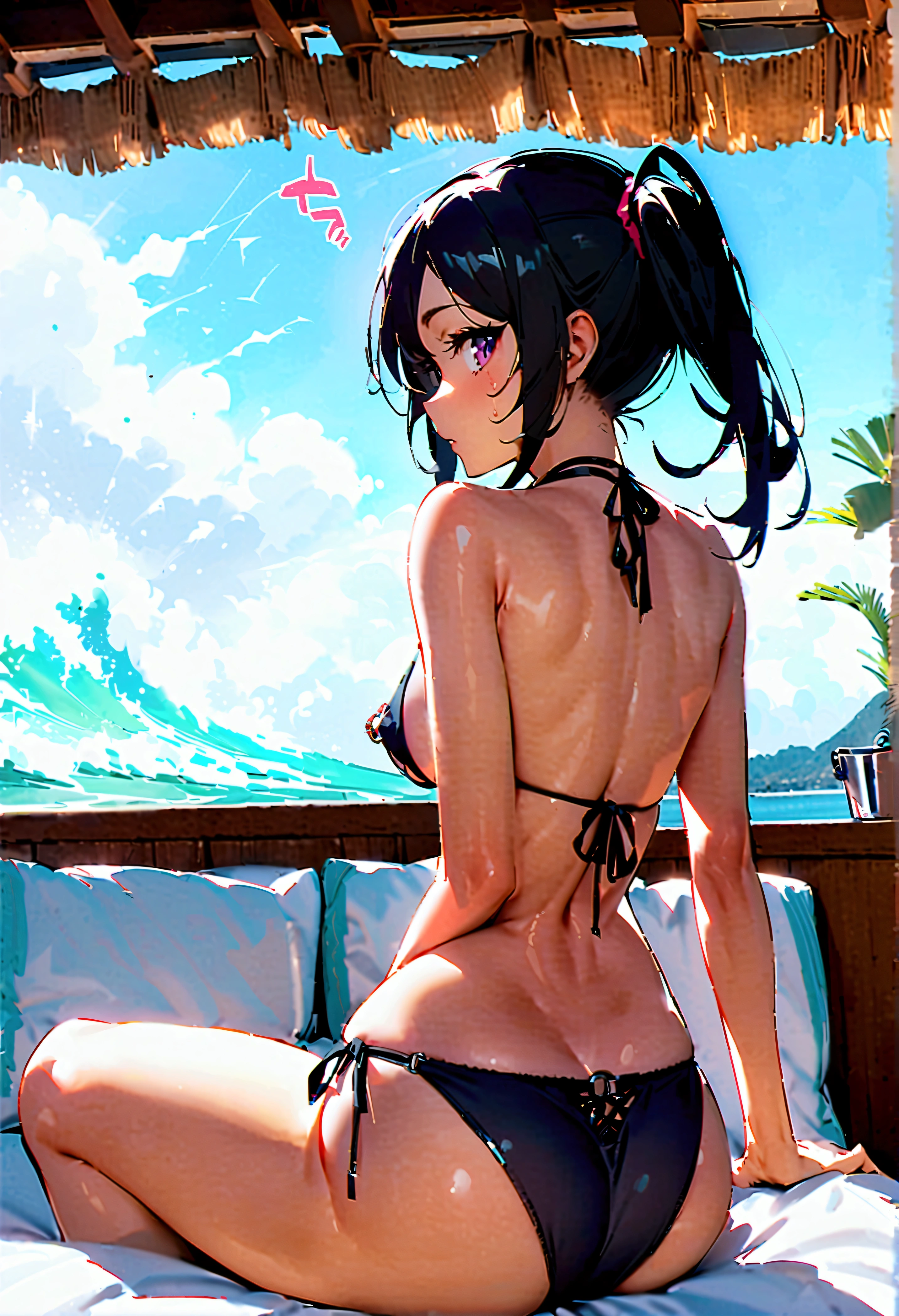 score_9,score_8_up,score_7_up,score_6_up,score_5_up,score_4_up、(Futanari、Shemale)、Toned body、Tempting、Black Hair、bikini、Pigtails、((Big Breasts(Nipple piercing)&、(From the back、dorsal position、look back、Playing with the urethra、(Yacht Deck(Lounge chairs、Champagne bucket))、、Highest quality、masterpiece