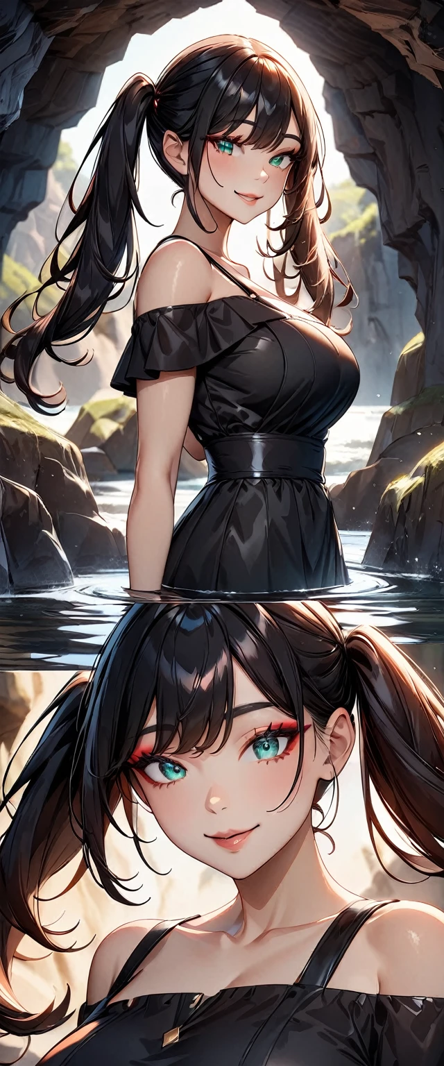 Photo of a woman with natural skin, Seaside cave, The light is shining in, Upper Body, Smiling, High Twintails, Black hair with red mesh, Sharp eyes with red eyeshadow, Blue-green eyes, Shining eyes, A thin, upturned nose, Well-shaped lips, Big Breasts, ((Black off-the-shoulder dress, Thin shoulder straps)), barefoot, Makeup, Exquisitely crafted with the utmost attention to detail, Vibrant, amazing, Smooth, Cinematic, 4K, Backlight, (()), Shallow depth of field, ((Detailed eyes:1.3, Detailed lips:1.3, high quality, )), masterpiece, Super detailed images, High quality