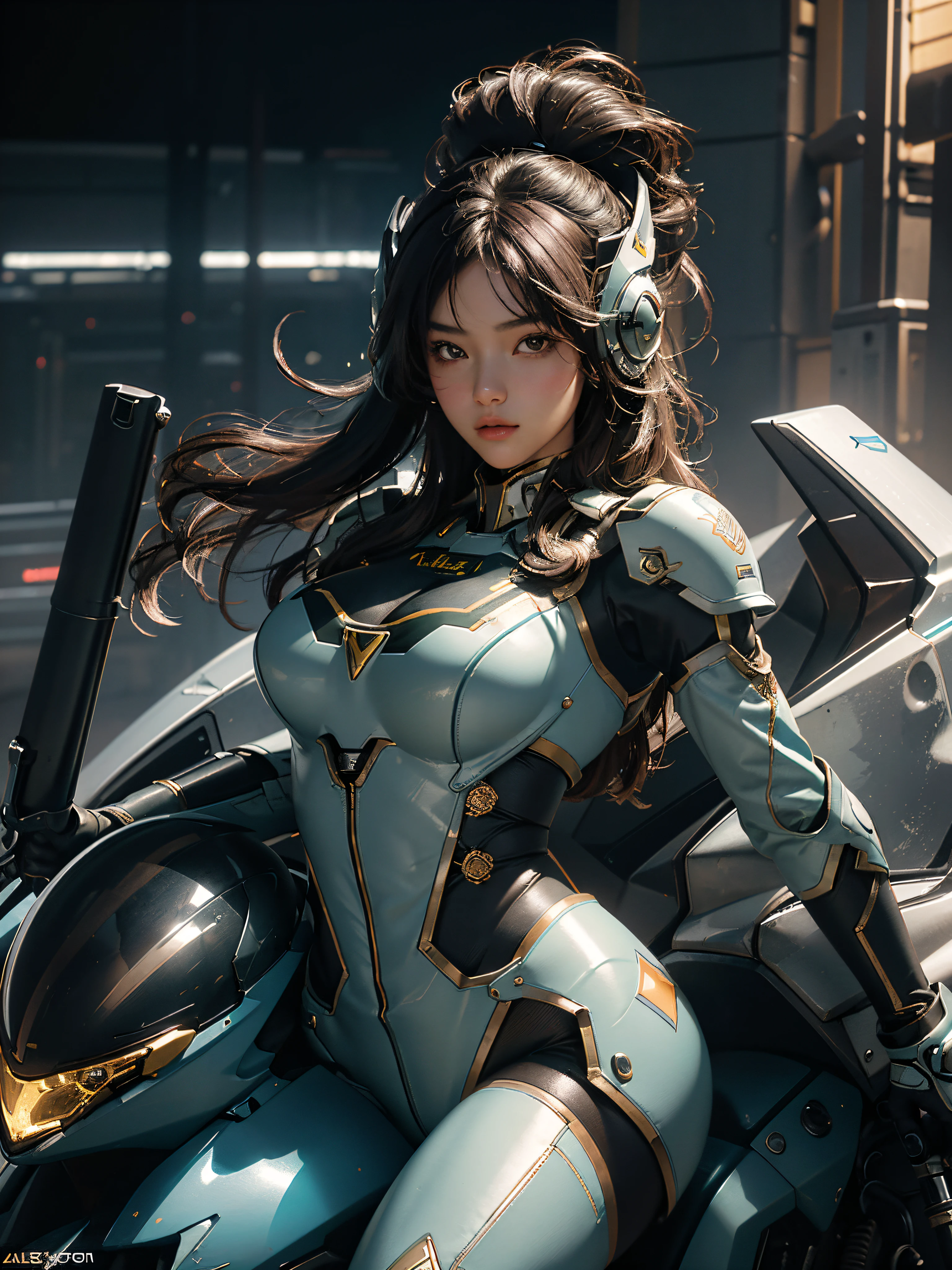 Best image quality, outstanding details, ultra high resolution, (fidelity: 1.4), best illustration, Request Details, High cohesion, 1 woman, With a delicate and beautiful face, plump breasts, , wearing colorful mecha, wearing a mecha helmet, holding the directional controller, riding a motorcycle, Future city high-tech lighting scene background.