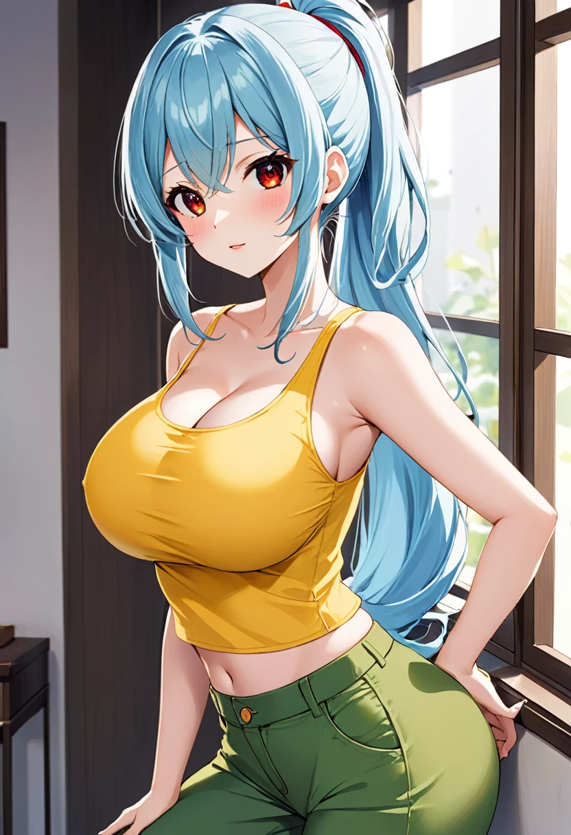 My name is Yukiko.I am a white test woman with long light blue   hair,red eye color.I am 1.62 cm tall . Dressed in a yellow top along low-cut with green pants and hair with a low ponytail over my shoulder . With huge breasts 200 cm , 40 cm waist and 200 cm hips 