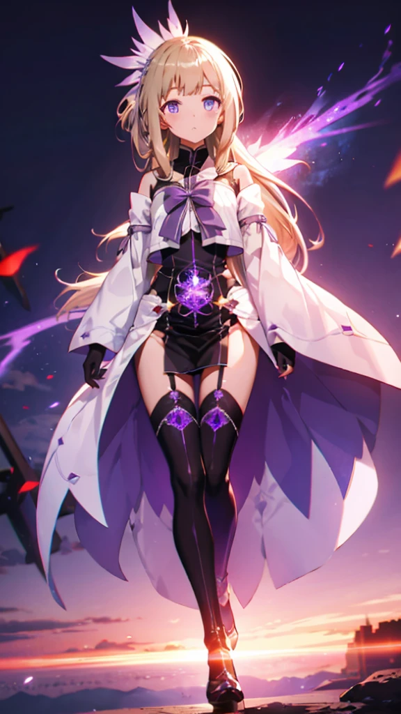 (Highly detailed CG), (Highest quality),(full body)， 1 Girl,alone, Grey Eyes,Long Hair, Blonde,Purple Dress,Wide white sleeves,Purple ribbon,Purple Stockings,hair ornaments,Bare shoulders,Removed sleeve, Black gloves, Blunt bangs, Magical girl, Perfect Face,  Shiny skin, Shiny skin, Wide Hips,Tight waist,Knee-high boots，Elbow Bag,1 Girl, Long Hair, sunset，Octane