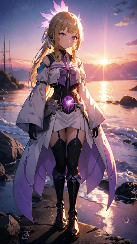 (Highly detailed CG), (Highest quality),(full body)， 1 Girl,alone, Grey Eyes,Long Hair, Blonde,Purple Dress,Wide white sleeves,Purple ribbon,Purple Stockings,hair ornaments,Bare shoulders,Removed sleeve, Black gloves, Blunt bangs, Magical girl, Perfect Face,  Shiny skin, Shiny skin, Wide Hips,Tight waist,Knee-high boots，Elbow Bag,1 Girl, Long Hair, sunset，Octane