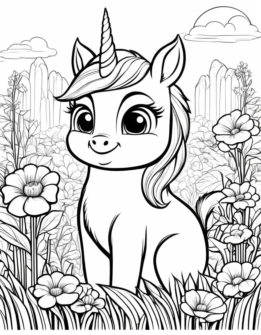 beautiful Unicon, adult, Fantasy, ดวงตาNo color, Coloring pages for kids, be happy, Bending down to eat grass, At the back is a garden., rainbow, vector art, simple, 2D vector, black lines white background, For beginners, Vector illustration, Pencil strokes, No color, drawing coloring, white background, Pixar style, black and white, For children 3 years old