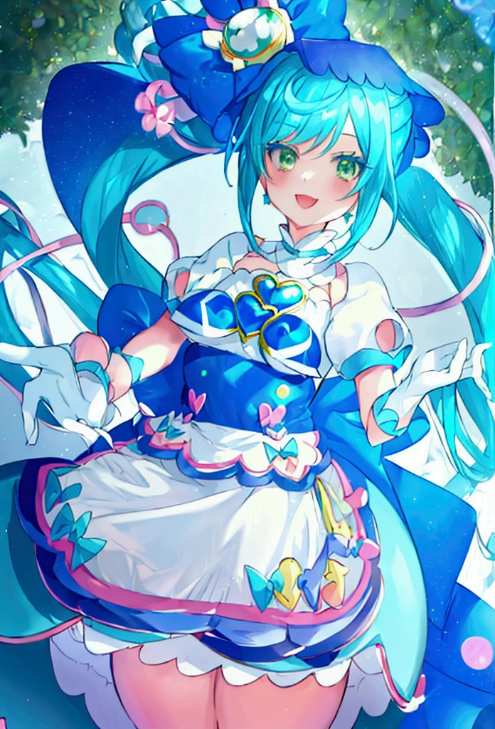 a very fancy looking character with blue hair and white outfit standing in a white room with hearts, 1girl, solo, heart brooch, long hair, blue hair, brooch, green eyes, jewelry, magical girl, gloves, smile, blue bow, white gloves, heart, open mouth, bow, looking at viewer