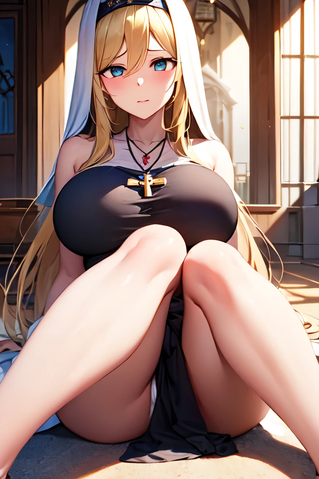 Highest quality, masterpiece, One girl, (alone:1.1), Ray Tracing, Super detailed,Detailed face, 8k 壁paper,Sitting with knees on the ground 、corridor、Wide Hips, Embarrassed face, Nuns, One girl, Blonde, Big Breasts, Long Hair,(Black Dress)、黒panties Monastic clothes, blue eyes, necklace、(White pants 1.3)