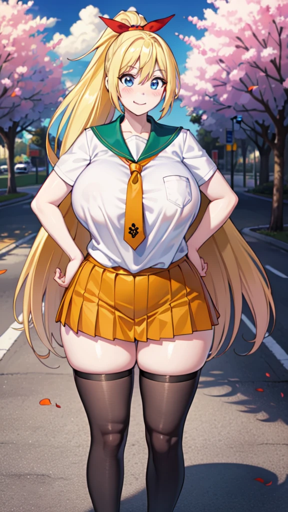 ((masterpiece)), (best quality: 1.7), (detailed: 1.4), (high resolution: 1.4), 8k, (colorful: 1.5), high resolution, sharp image, 4k, hd, (beautiful detailed background: 1.2 ), (beautiful lighting: 1.2), (highly detailed: 1.2), perfect lighting, (8k wallpaper: 1.2), (highly detailed: 1.2), (extremely detailed CG :1.2), 2d, ((1girl)), alone , chitoge, blonde hair, ((long hair)), ponytail, (high ponytail), blue eyes, (blush), happy happy, white shirt, ((orange tie)), blue skirt, pleated skirt, black thigh highs, sailor collar, ((red ribbon)), hair band, school, (sakura trees), (leaves), (trees), sky, (blue sky), clouds, ((street)), ((standing)), ( ( hands on hips)), ((huge breasts)), (very curvy body), (((day))) , (((bright eyes))), ((huge, wide, fat hips))