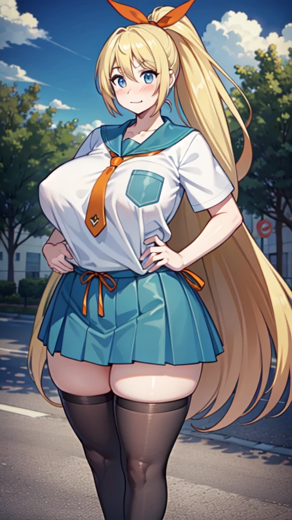 ((masterpiece)), (best quality: 1.7), (detailed: 1.4), (high resolution: 1.4), 8k, (colorful: 1.5), high resolution, sharp image, 4k, hd, (beautiful detailed background: 1.2 ), (beautiful lighting: 1.2), (highly detailed: 1.2), perfect lighting, (8k wallpaper: 1.2), (highly detailed: 1.2), (extremely detailed CG :1.2), 2d, ((1girl)), alone , chitoge, blonde hair, ((long hair)), ponytail, (high ponytail), blue eyes, (blush), happy happy, white shirt, ((orange tie)), blue skirt, pleated skirt, black thigh highs, sailor collar, ((red ribbon)), hair band, school, (sakura trees), (leaves), (trees), sky, (blue sky), clouds, ((street)), ((standing)), ( ( hands on hips)), ((huge breasts)), (very curvy body), (((day))) , (((bright eyes))), ((huge, wide, fat hips))