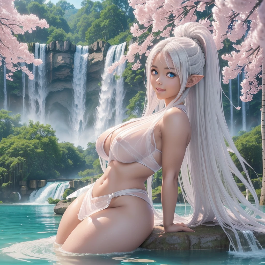 Realistic 3D anime style image,of a beautiful woman, ((brown skin)), bathing in a (((beautiful lake with crystal clear waters))),(((with three waterfalls in the background ))) ,((Silver white long hair)), ((beautiful face, detailed)),pointy ears ,Woman smiling, perfect smile),((( blue eyes, muy detaileds))) ,((( body with nice curves))) ,(((very big breasts))), (((narrow waist))) (((Wide hips))),((( thick thighs))), (((very big buttocks))) (((The lake is surrounded by a forest of pink and white willow trees.))),dynamic pose ,((girl in white kimono made of translucent silk)), (((the woman has her back to the camera))),high quality image,Masterpiece,gross,artistic germ,artwork.