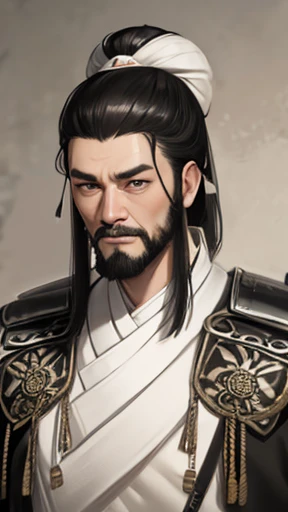 Monochrome,Oriental、(Ancient Chinese man in armor)、(ancient chinese hairstyle male)、As seen in the Romance of the Three Kingdoms々military commander、Highest quality、masterpiece、Ultra-high resolution、(Realistic:1.4)、Game Poster、Crisp and beautiful image quality、Long beard、Embroidered cloth wrapped around a topknot、whole body ,((Skin of color, ),(long heavy black beard):1.2), ( (Very detailed, bloom:1.5), (Highest quality, Concept Art, 4K), (analog:1.2), (high sharpness), (Detailed pupil:1.1), (Painting:1.1), (digital Painting:1.1), Detailed face and eyes, masterpiece, Highest quality, (Very detailed写真:1.1), 8K, photoRealistic, (Black Hair, Dynamic Short Hair), (PurerosFace_v1:0.2), [:(Detailed face:1.2):0.2], sharp, Realistic, Realistic Shadow, 
