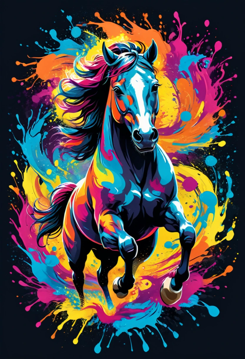A t-shirt with vector art of a colorful illustration of a horse jumping, At the center, swirly vibrant colors, paint splashes and smears, high détail,Hawaii Background
(artwork, best quality, proffesional, perfect composition, very aesthetic, absurdrez, super verbose, Intricate details:1.3)