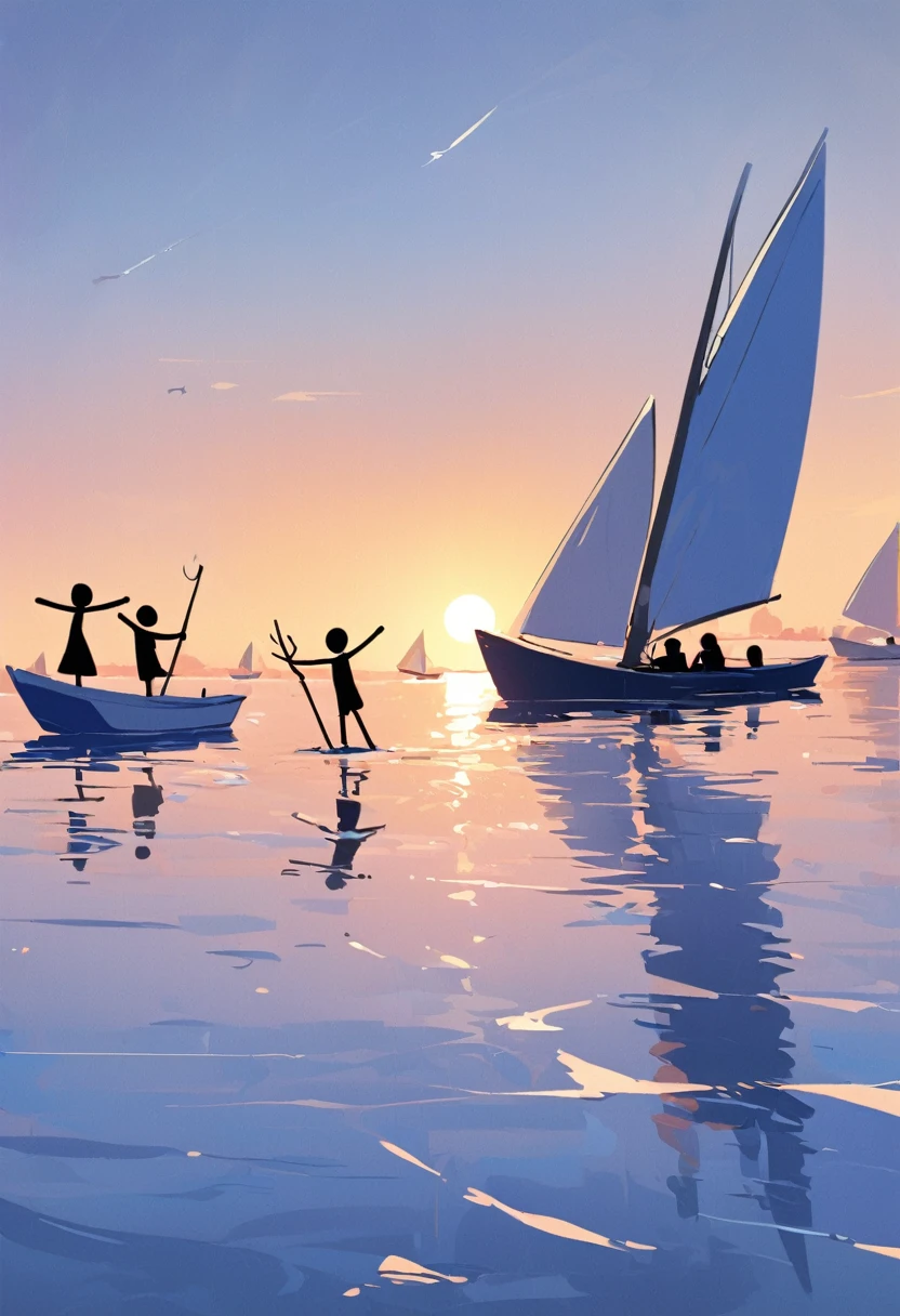 A group of youth，sailboat，Set sail，flat，Simplicity，Highlight Youth，The overall atmosphere is exciting，Energetic，A little simpler，Stick Figure，Based on the second painting，Let&#39;s highlight the youth，但sailboat的次要性之在青年之下