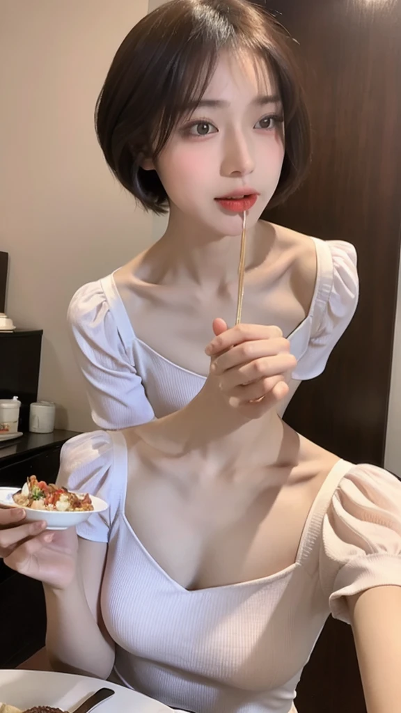 (real, High resolution:1.3), short hair, blouse:1.2,Male body with female face、A dainty man dressed as a woman、Eating at home、Transsexual、Cross-dressing men、The collarbone and hands are slightly muscular.、the skin is dark