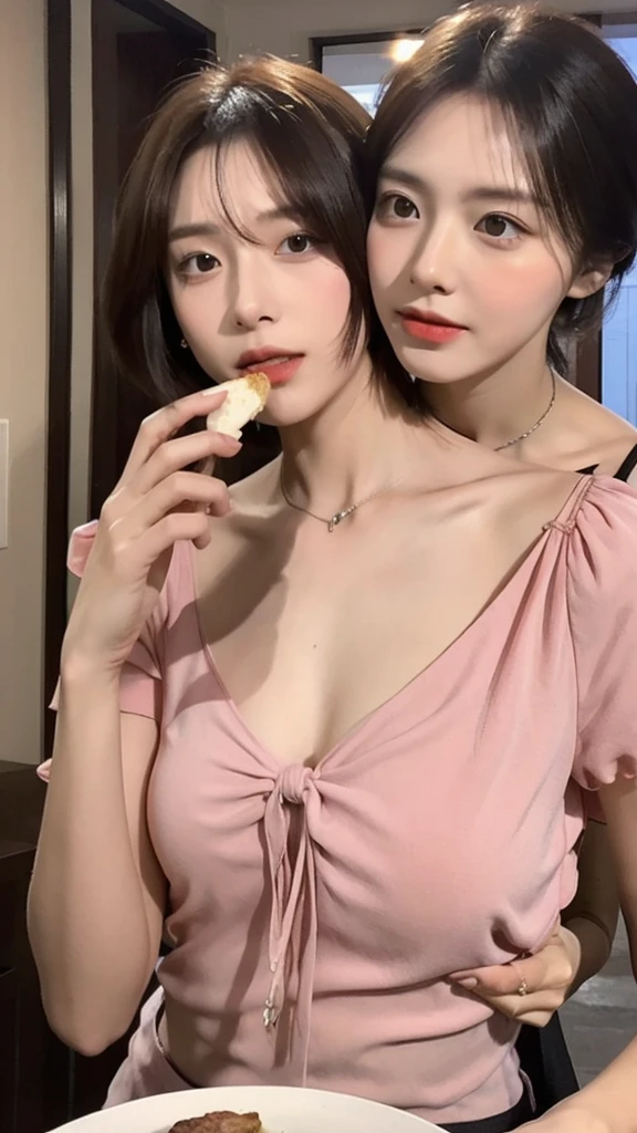 （real， High resolution：1.3）， short hair， blouse：1.2，Male body with female face、A dainty man dressed as a woman、Eating at home、Transsexual、Cross-dressing men、The collarbone and hands are slightly muscular.、the skin is dark