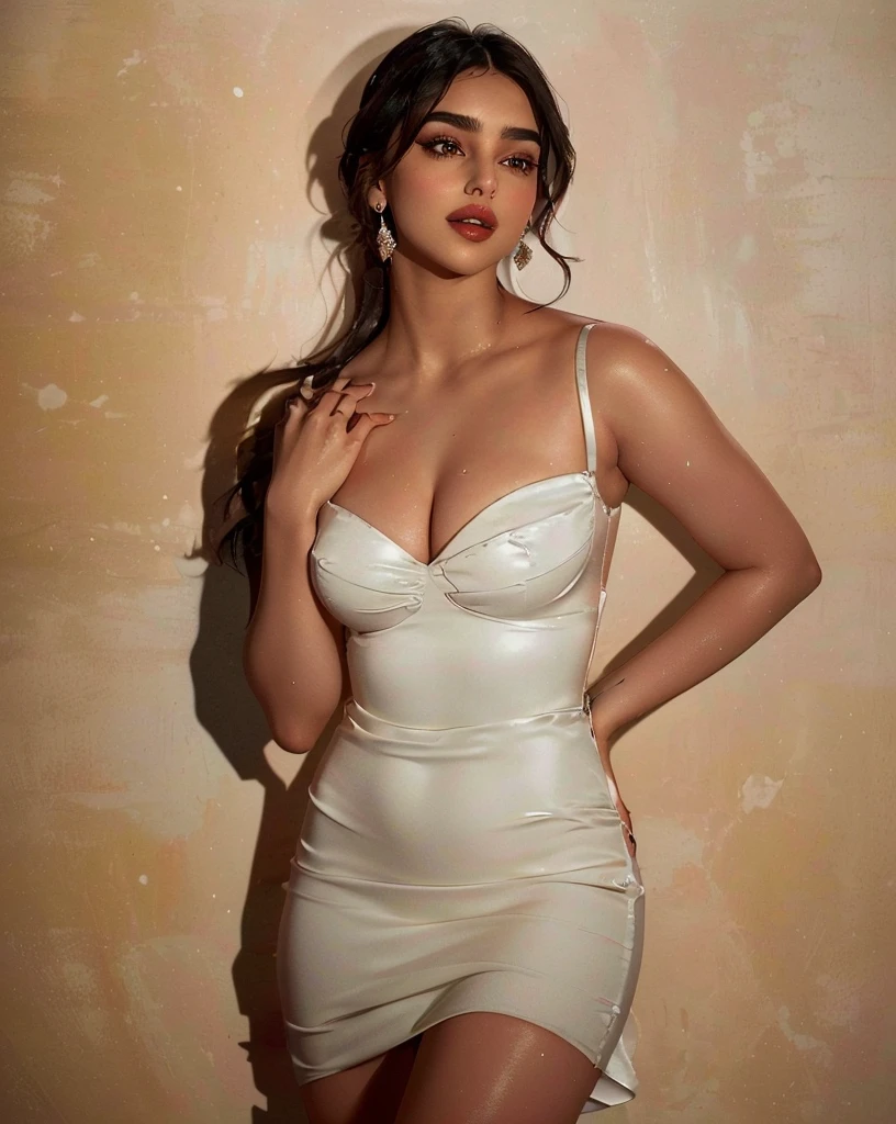 araffed woman in a white dress posing for a picture, wearing stunning ivory dress, dua lipa, gorgeous woman, actress, stunning woman, solo photoshoot, stunning ivory dress, gorgeous lady, portrait of priyanka chopra, elegant white dress, ana de armas, stunning beautiful, chloe bennet, tight dress, revealing stylish dress, olivia culpo, sexy dress, big , cleavage show, wet body