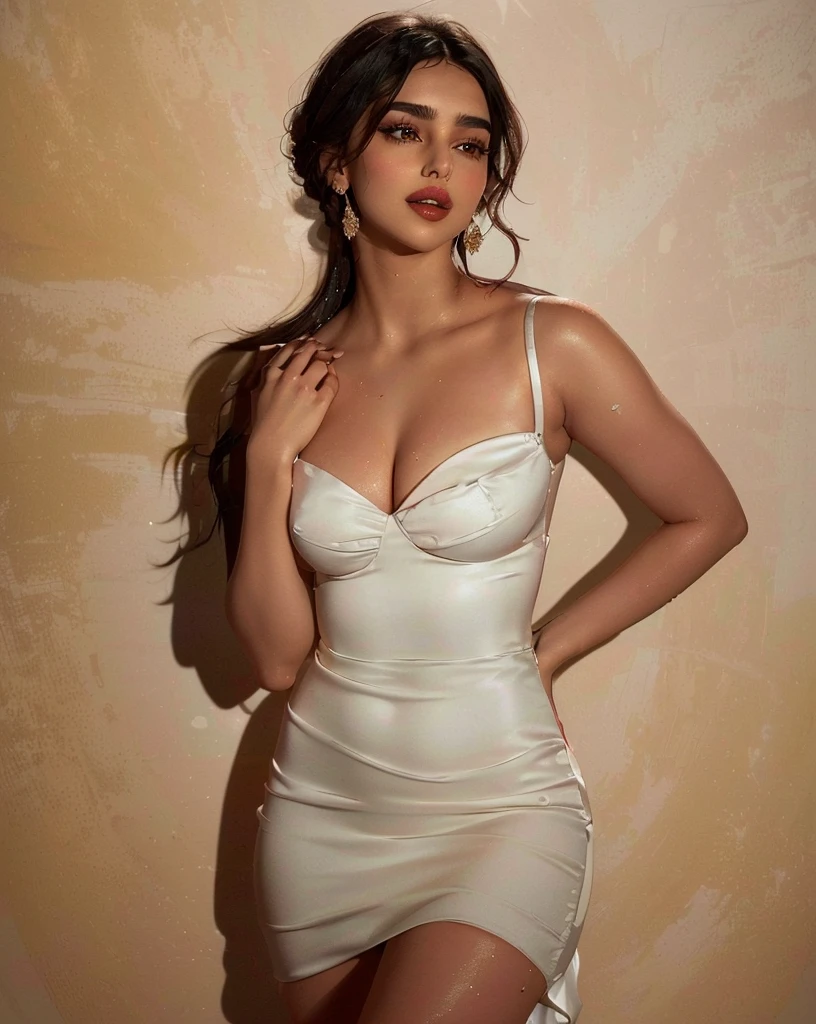 araffed woman in a white dress posing for a picture, wearing stunning ivory dress, dua lipa, gorgeous woman, actress, stunning woman, solo photoshoot, stunning ivory dress, gorgeous lady, portrait of priyanka chopra, elegant white dress, ana de armas, stunning beautiful, chloe bennet, tight dress, revealing stylish dress, olivia culpo, sexy dress, big , cleavage show, wet body