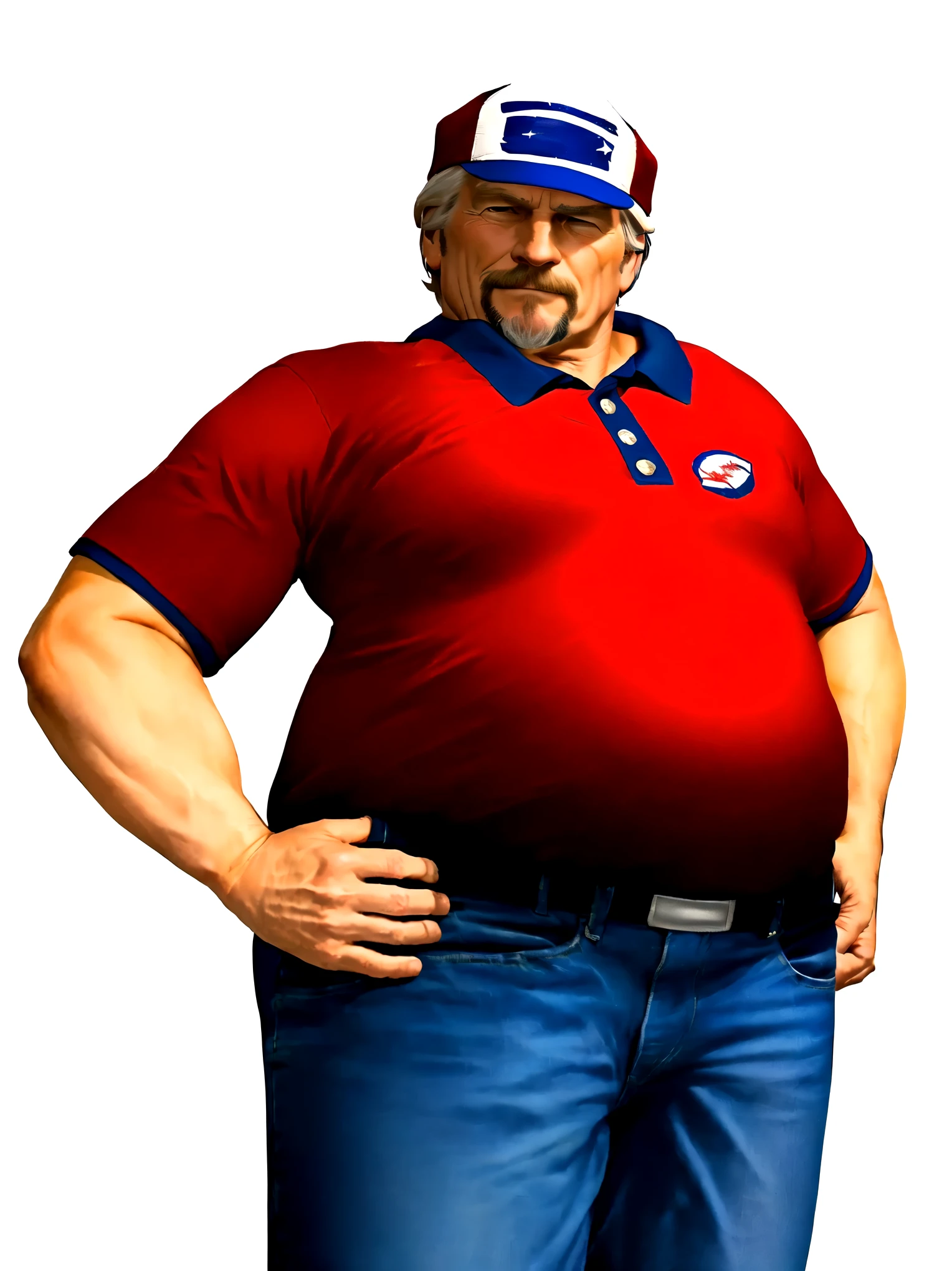 detailed close up of a man in his 60s wearing a red shirt and blue jeans, as a character in tekken, beefy, realistic textures, jeff bridges with a goatee, best friend disappointed by your performance, Out Run 2 flagman, 2 k, 2k, muscular bernie sanders, buff man, character from king of fighters, robust stocky body, hide the pain harold, name of character is flagman, wise face, his cap has a SEGA logo on it, (very short GREY hair), (grey goatee), satisfied face, perplexed expression as in "not bad at all"
