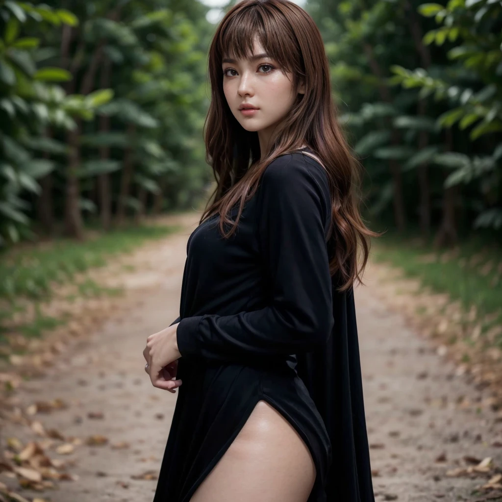 A pretty asian pale skin girl with a long curly black hair  looking sideways with a nonchalant expression. wearing black long dress and red cape covering her half face sitting in the middle of dark eerie night forest.