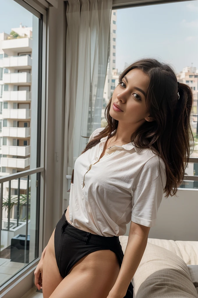 make her pose in a living room of a modern apartment with a balcony in the background dressed with a sexy shirt