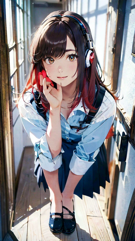 (masterpiece:1.2),Highest quality,High resolution,unity 8k wallpaper,(figure:0.8),(Beautiful attention to detail:1.6),Highly detailed cute face,Perfect lighting,Highly detailed CG,(Perfect hands, Perfect Anatomy),One girl,alone,View your viewers,indoor, window, blue sky, corridor, Soryu Asuka Langley, Interface Headset,light Redhead,long Redhead,Hair between the eyes,Redhead,blue suspender skirt,Red ribbon, White shirt,, shoes下, shoes,(Natural pose:1),