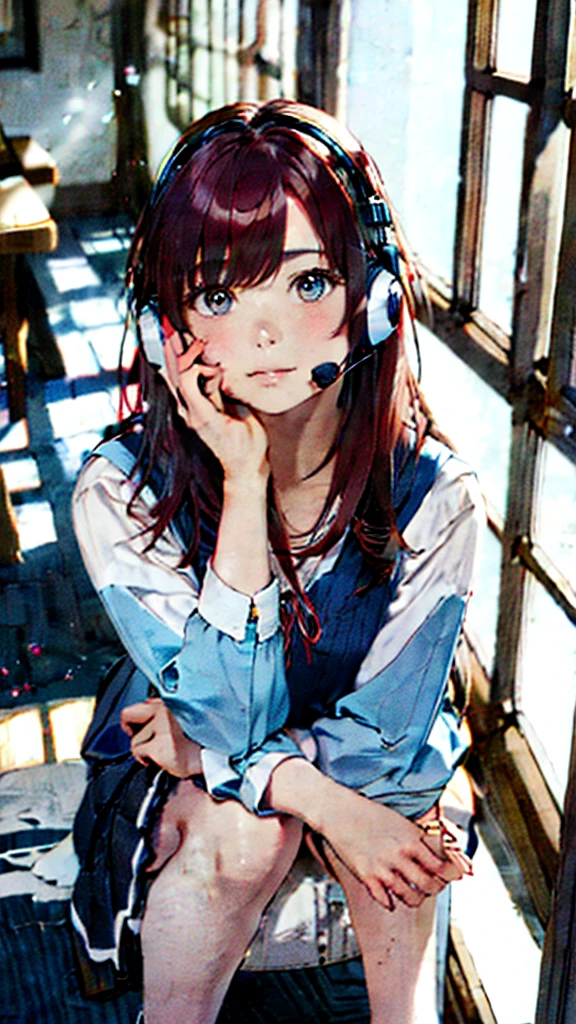 (masterpiece:1.2),Highest quality,High resolution,unity 8k wallpaper,(figure:0.8),(Beautiful attention to detail:1.6),Highly detailed cute face,Perfect lighting,Highly detailed CG,(Perfect hands, Perfect Anatomy),One girl,alone,View your viewers,indoor, window, blue sky, corridor, Soryu Asuka Langley, Interface Headset,light Redhead,long Redhead,Hair between the eyes,Redhead,blue suspender skirt,Red ribbon, White shirt,, shoes下, shoes,(Natural pose:1),