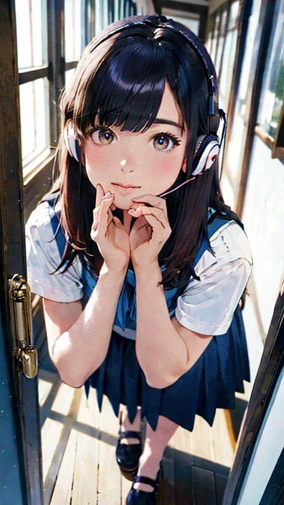 (masterpiece:1.2),Highest quality,High resolution,unity 8k wallpaper,(figure:0.8),(Beautiful attention to detail:1.6),Highly detailed cute face,Perfect lighting,Highly detailed CG,(Perfect hands, Perfect Anatomy),One girl,alone,View your viewers,indoor, window, blue sky, corridor, Soryu Asuka Langley, Interface Headset,light Redhead,long Redhead,Hair between the eyes,Redhead,blue suspender skirt,Red ribbon, White shirt,, shoes下, shoes,(Natural pose:1),