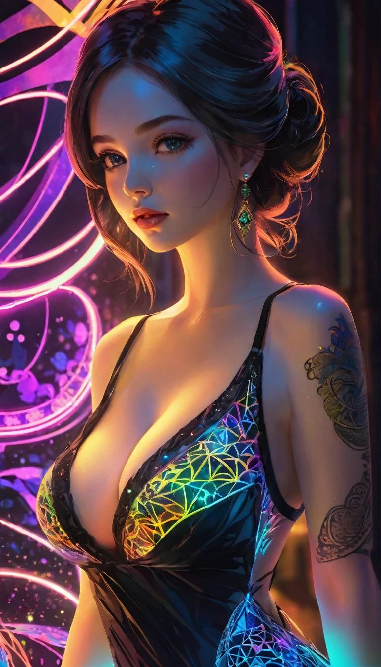 A princess，(LARGE BREASTS WITH CLEAVAGE), (VIEWER CAN NOT SEE BREASTS), (WEAR A CAMISOLE), glowing tattoo，Complex geometry, Colorful blur, Evening dress，abstract backgrounds。shadows and highlights，subtle reflections，charming body，Black light art，fluorescent art，glow in the dark art，dark temptation，The beauty of tattoos，Neon lights，Enchanting fantasy。(best quality,4k,8k,highres,masterpiece:1.2),ultra-detailed,(realistic,photorealistic,photo-realistic:1.37)。