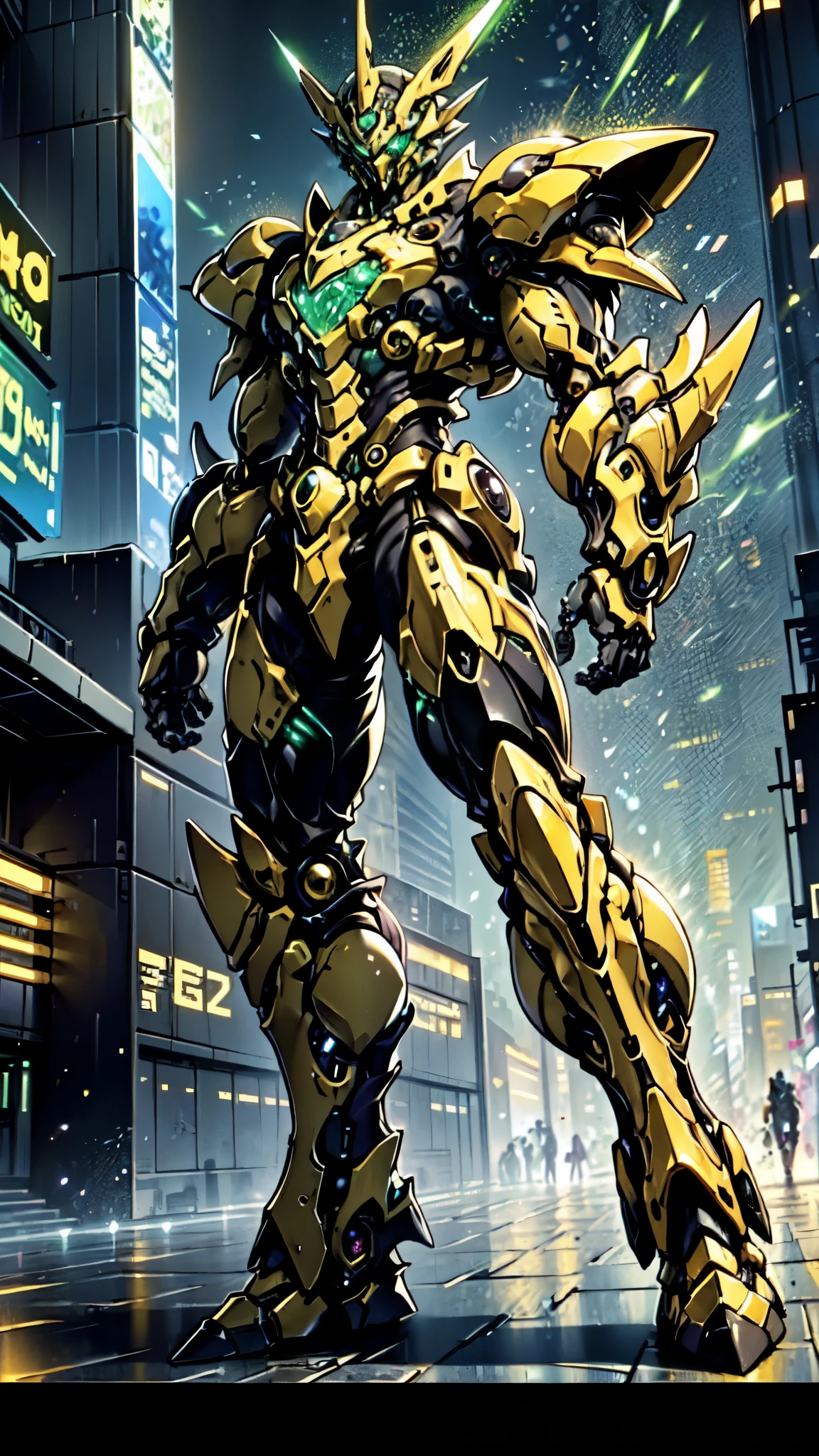 (masterpiece:1.5, best quality:1.5, extremely delicate:1.5, foreshortening:1.5, dynamic angle:1.5), a man wearing a full-face helmet, a fantasy-style biotech armored combat suit, green eyes, (a composite layered chest armor), fully enclosed shoulder guards, matching arm and leg guards, the belt is adorned with neon circuitry, (the color scheme is primarily black with green white accents), the design balances heavy with agility, a high-tech bio-mecha armor, (Armor Concept Inspired by neon Cyberpunk, stand on the top of a skyscraper in a futuristic sci-fi city), this character embodies a finely crafted fantasy-surreal style armored hero in anime style, exquisite and mature manga art style, (element, plasma, energy, the armor glows), ((male:1.5)), metallic, high definition, highres, ultra-detailed, ultra-fine painting, professional, perfect body proportions, golden ratio, anatomically correct, symmetrical face, extremely detailed eyes and face, high quality eyes, creativity, RAW photo, UHD, 32k, Natural light, cinematic lighting, masterpiece-anatomy-perfect