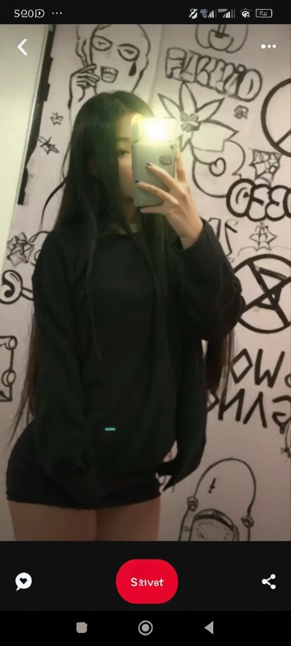 Girl taking a selfie with her body sideways, wearing a cold-weather blouse
