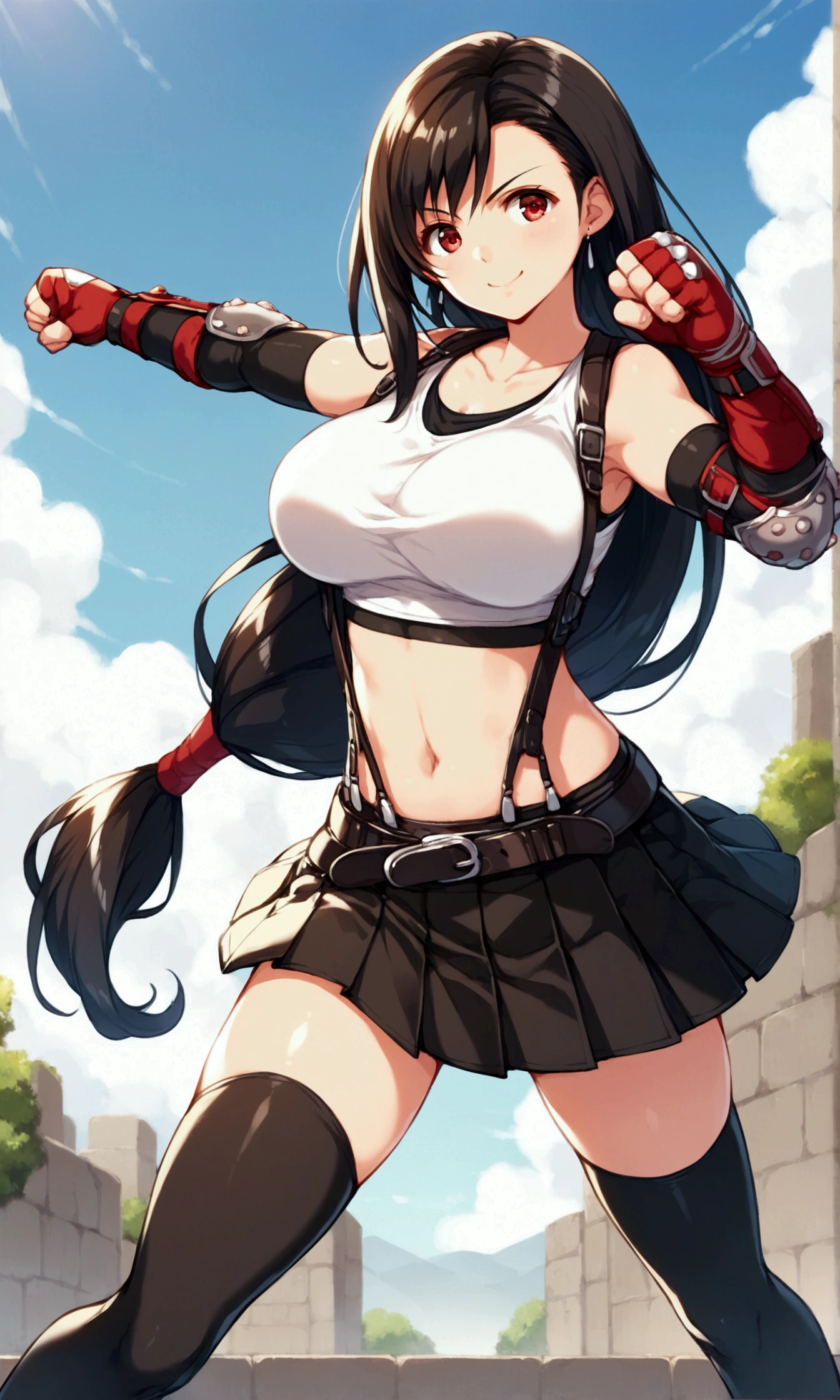 score_9, score_8_up, score_7_up,,BREAK , ,dynamicangle, dynamicpose,,,standing,contrapost, ,,straight-on,Solo ,1girl, tifa lockhart, final fantasy, tareme,black hair, low-tied long hair, red eyes, bangs, (white tank top, belt, pleated skirt, thighhighs, elbow fingerless gloves, elbow pads, midriff, navel,suspender skirt) ,(large_breast),(light smile),fist,fist,Punching,daytime,outdoor,(ultra detailed),(best quality),(aesthetic,very aesthetic),UHD,extremely detailed CG unity 8k wallpaper,anime,depth of field,,,