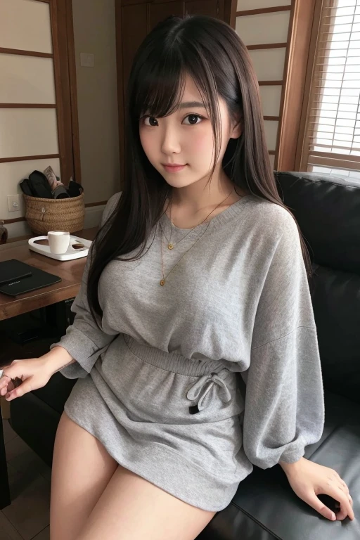 1 Girl,living room,Sitting on the sofa,Soft Light,Chinese Beauty,Tight Fit,dress,Dark-haired,long hair,