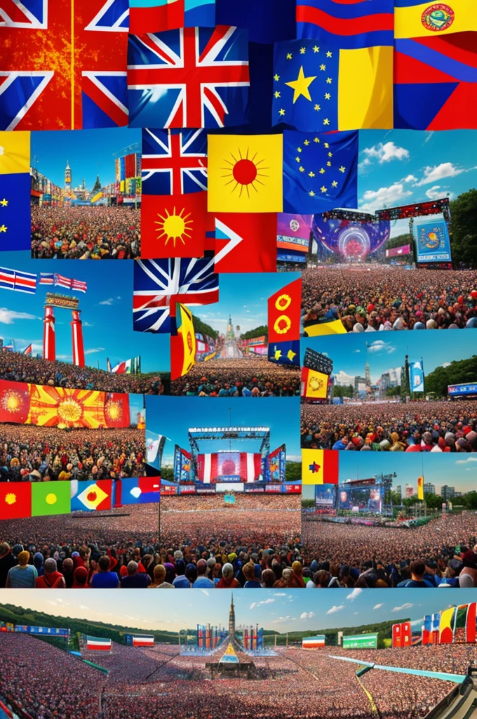 A vibrant collage of European music festival scenes, featuring colorful crowds, iconic stages, and national flags, in a dynamic and energetic digital art style