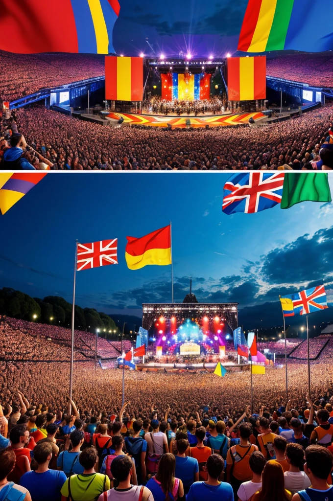 A vibrant collage of European music festival scenes, featuring colorful crowds, iconic stages, and national flags, in a dynamic and energetic digital art style