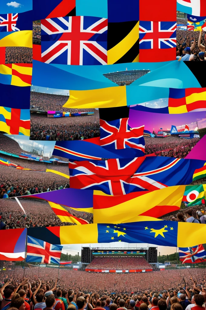 A vibrant collage of European music festival scenes, featuring colorful crowds, iconic stages, and national flags, in a dynamic and energetic digital art style