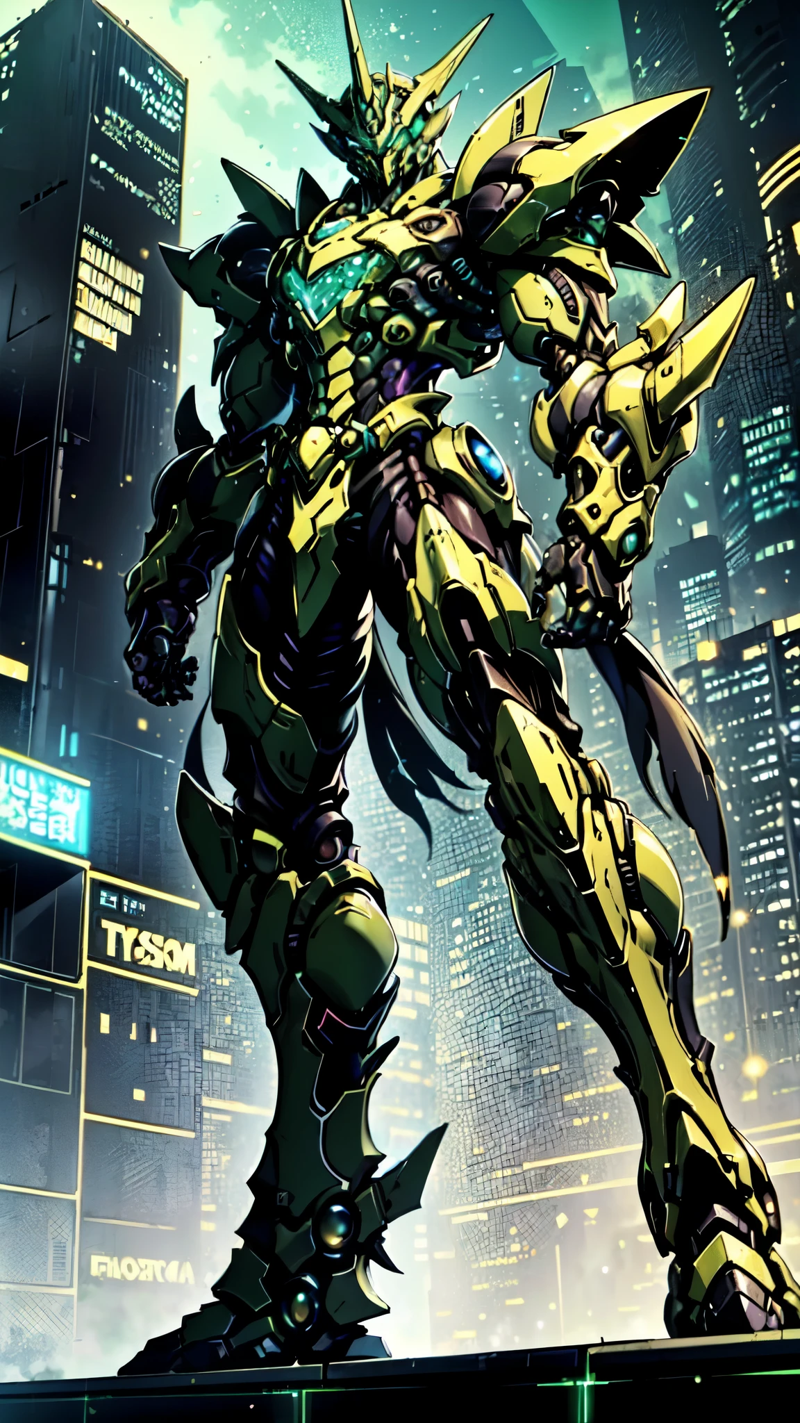 (masterpiece:1.5, best quality:1.5, extremely delicate:1.5, foreshortening:1.5, dynamic angle:1.5), a man wearing a full-face helmet, a fantasy-style biotech armored combat suit, green eyes, (a composite layered chest armor), fully enclosed shoulder guards, matching arm and leg guards, the belt is adorned with neon circuitry, (the color scheme is primarily black with green white accents), the design balances heavy with agility, a high-tech bio-mecha armor, (Armor Concept Inspired by neon Cyberpunk, stand on the top of a skyscraper in a futuristic sci-fi city), this character embodies a finely crafted fantasy-surreal style armored hero in anime style, exquisite and mature manga art style, (element, plasma, energy, the armor glows), ((male:1.5)), metallic, high definition, highres, ultra-detailed, ultra-fine painting, professional, perfect body proportions, golden ratio, anatomically correct, symmetrical face, extremely detailed eyes and face, high quality eyes, creativity, RAW photo, UHD, 32k, Natural light, cinematic lighting, masterpiece-anatomy-perfect