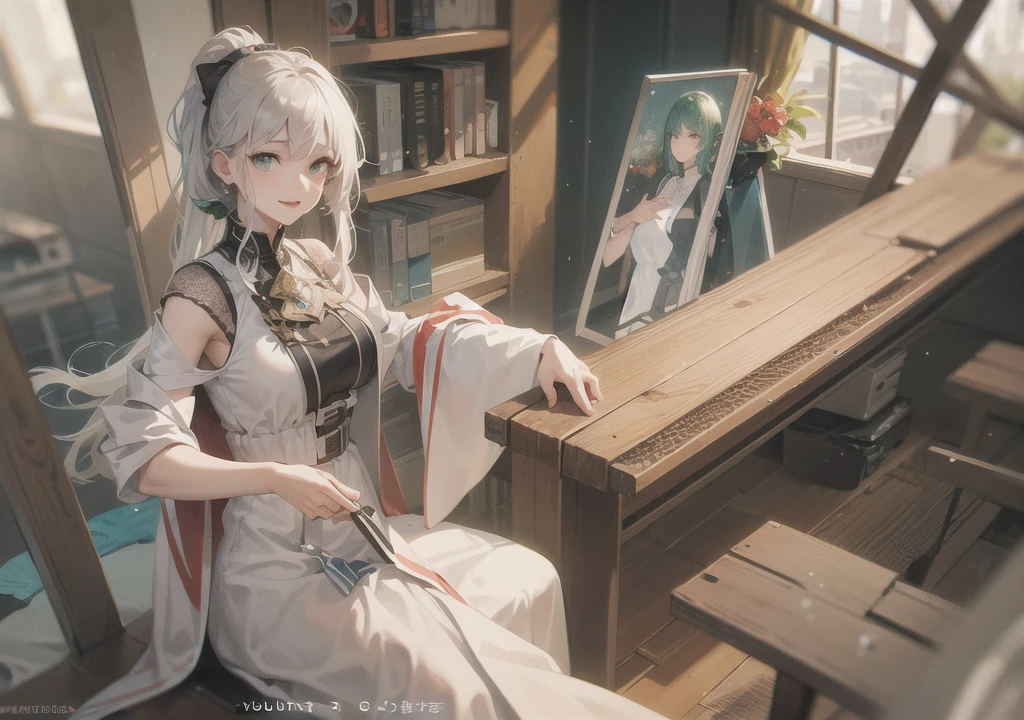 Realistic photos, Focus distance 10mm, Red and white, A big smile, Beautiful girl, Realistic photos, Focus distance 10mmで撮影, masterpiece, 最high quality, high quality, Very detailed CG 8k wallpaper unit, Award-winning photography, Depth of written boundary, High resolution, bloom, chromatic aberration, Realistic, Very detailed, Art Station Trends, CGsociety Trends, Complex, High detail, dramatic, Art on the go, volumetric lighting, Final Fantasy style beautiful girl、Emerald Eyes、Green-haired ponytail、Nature Spirit Attire、背景に花のbloom草原