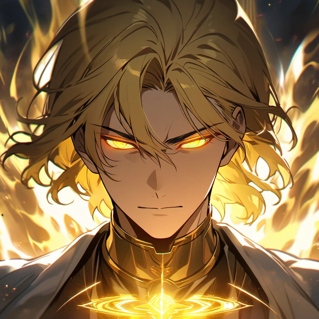 male, solo, handsome, blond hair, god, god eyes, glowing eyes, light, aura, holo, golden, face closed