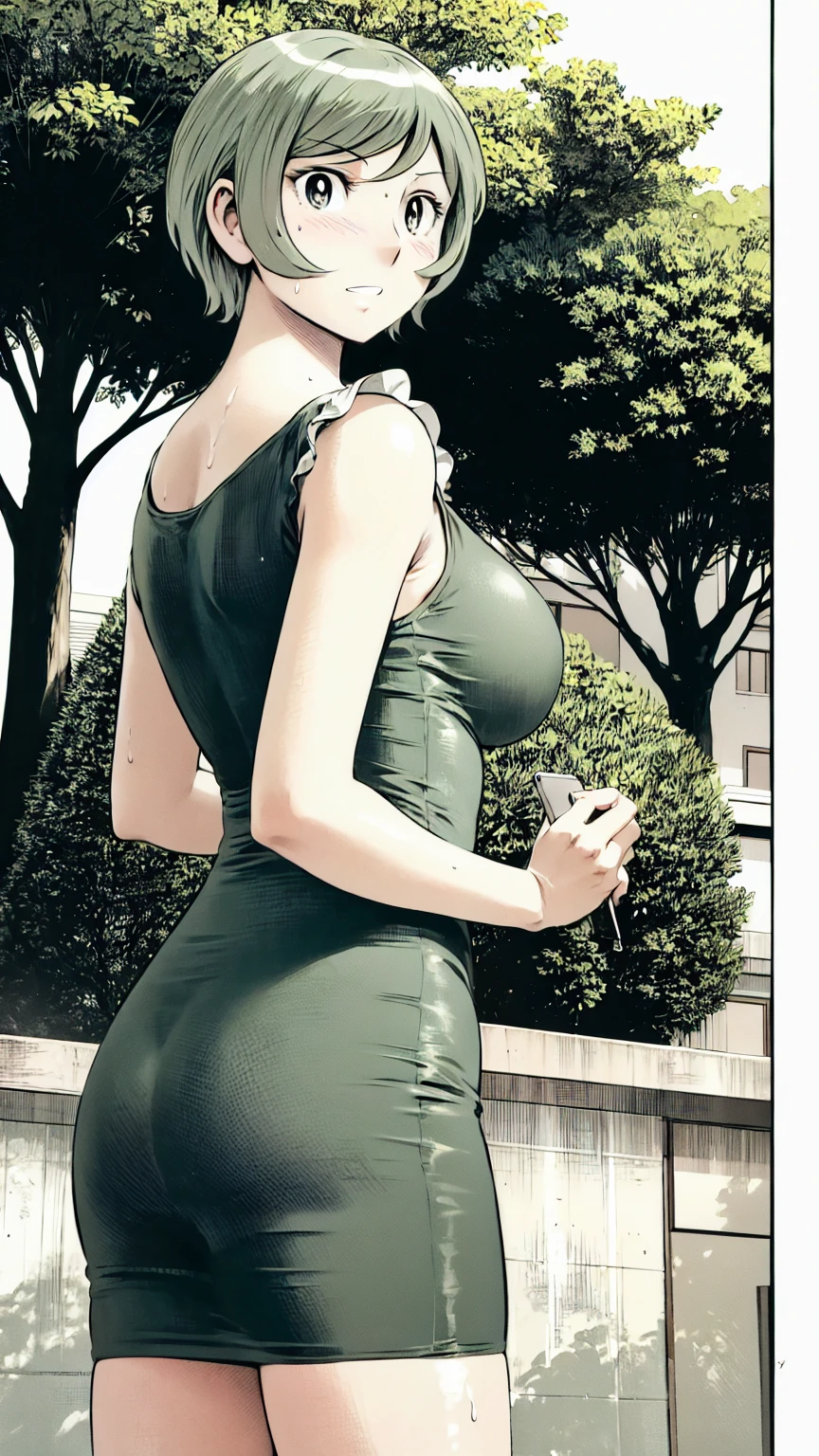 、(masterpiece、Highest quality)、Highest quality, Ultra-high resolution, (((masterpiece))), alone, Sweat、Big eyes, Sleeveless、Outdoor、Floral Dress、Composition from the front、(後ろCut your hair short、short hair、blonde、woman)、Shortcuts、Embarrassed face、Cut your hair short、可愛いwomanの子、Big Breasts、Browsing Caution