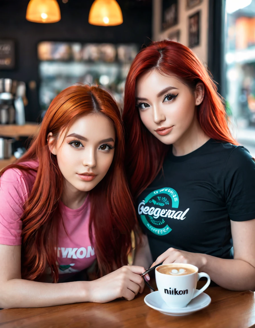 ultra realistic, photography, two women, one girl with long red hair, girl, 24 years old, hourglass figure, perfect body, Flirty look, extremely detailed artgerm, in the style artgerm, small breasts, facing the camera, Nikon z fx, lens 35 mm, blur background, one girl has ivory black long hair, they are sitting at a table in a coffee shop. two coffee cups are on the table, they are both wearing cute colourful t-shirts