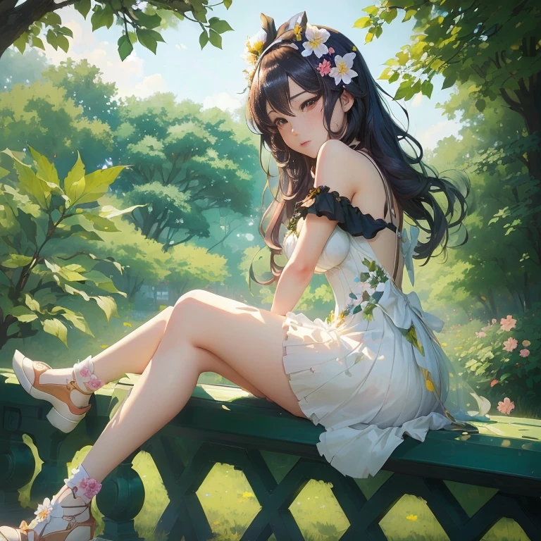 anime girl sitting on a bench in a park with a flower in her hair, guweiz, artwork in the style of guweiz, guweiz on pixiv artstation, beautiful anime girl, guweiz masterpiece, guweiz on artstation pixiv, cute anime waifu in a nice dress, anime lush john 8k woods, beautiful anime