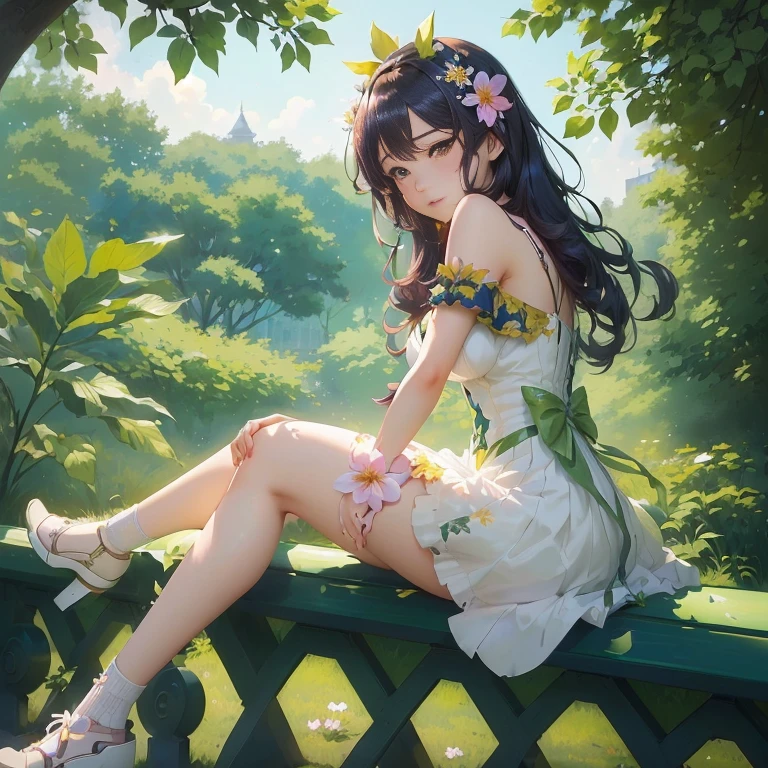 anime girl sitting on a bench in a park with a flower in her hair, guweiz, artwork in the style of guweiz, guweiz on pixiv artstation, beautiful anime girl, guweiz masterpiece, guweiz on artstation pixiv, cute anime waifu in a nice dress, anime lush john 8k woods, beautiful anime