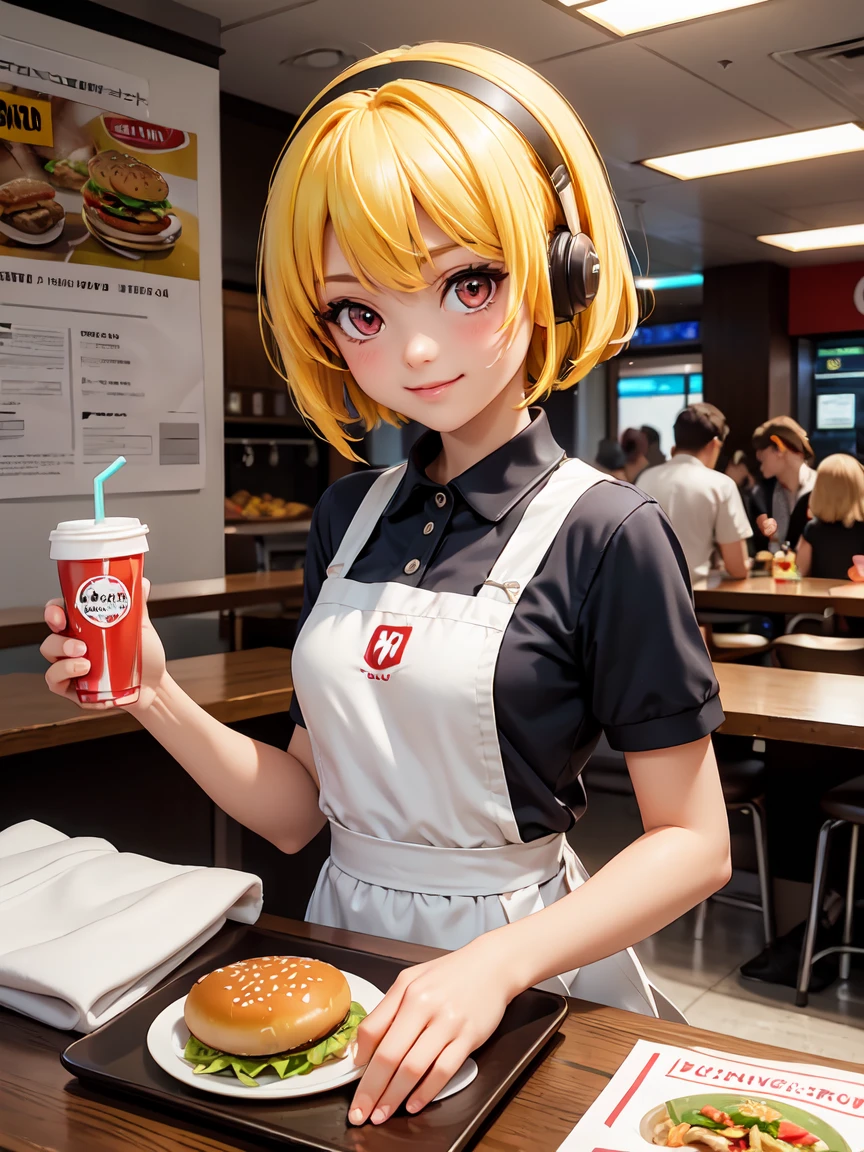 Hojo Toshiko, A girl,  (Yellow hair), Blonde, Red Eyes, short hair, Headband, Small Breasts, 11 years old,  Solitary, uniform, apron,  Name Tags, Polo Shirt, earphone, counter, check in, Menu Signage, tray, Flyer, Beverage Dispenser, hamburger, Potato, drink, straw, napkin, Smile, Clean, vitality, Bright Lights, Food court, Fast food logo,  Farbe, Modern interior, comfortable seating, poster, Promotional logo, Hand sanitizer