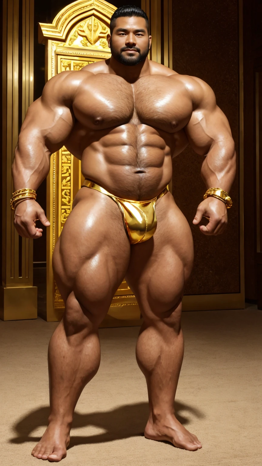 There is only one handsome Asian king in the photo,35 years old,tall, Wearing a golden crown,Crown inlaid with gemstones,Holding a golden scepter,Scepter inlaid with gemstones,Fitness,Smooth body,Smooth skin,No chest hair,short hair, O-Shaped Beard,Perfect body, Dark skin color,Radiant Skin,Smooth skin,Shiny, shiny skin,Smooth pectoral muscles,Muscle bulge, muscular, Very large pectoral muscles,Very sexy abdominal muscles,Very well-developed leg muscles,Huge concave and convex area,Brightens oily skin,Wearing a shiny gold leather thong,Handsome face,Normal human toes,Correct and accurate male body proportions,Gold Collar,Gold bracelet,Gold anklets,Standing in the magnificent palace,Epic。