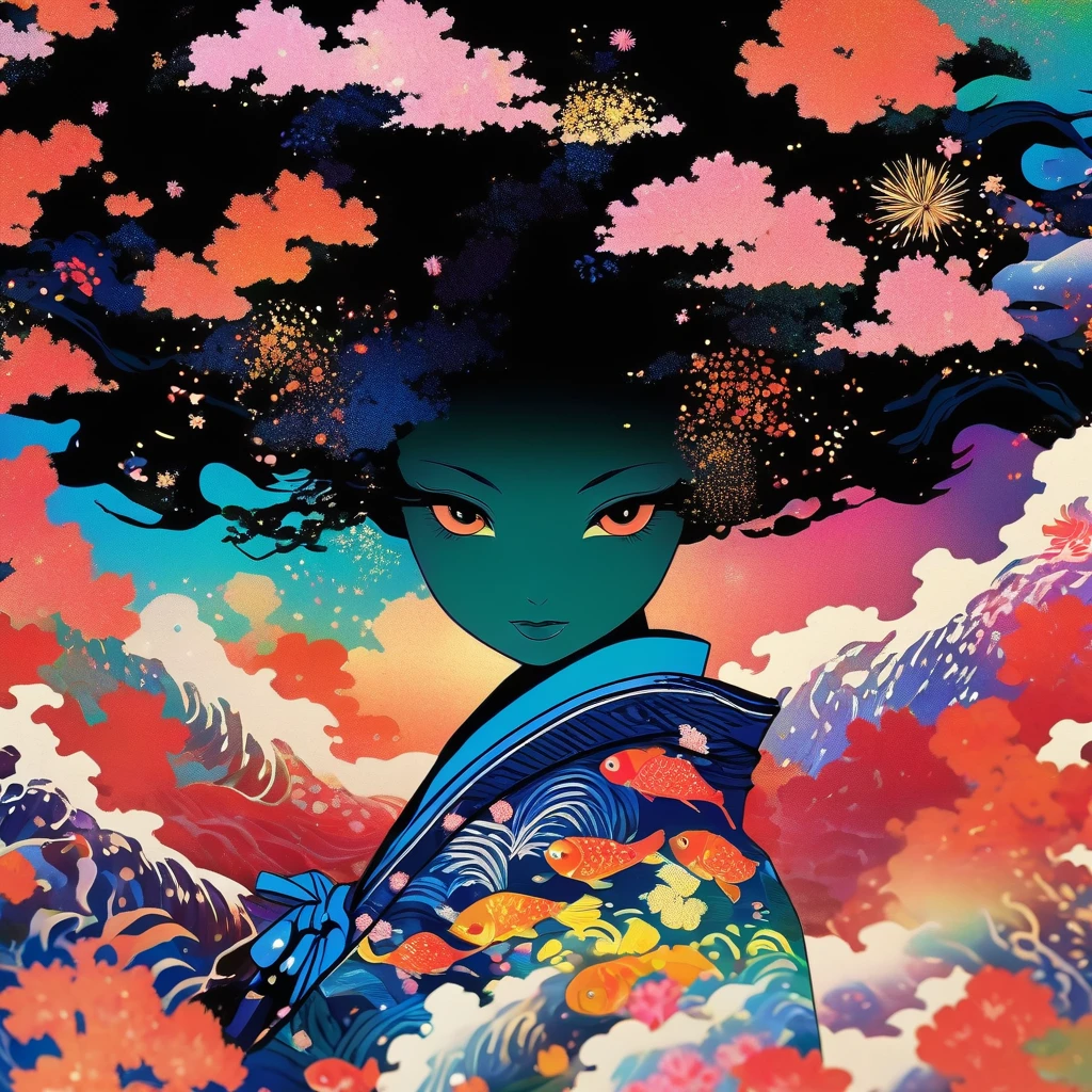 Microphotography, Anime girl made of glass in kimono silhouette, vibrant rainbow river, fireworks in night sky, colorful coral reefs, detailed illustration, Ukiyo-e style --ar 3:4 --style raw --stylize 600 --niji 6