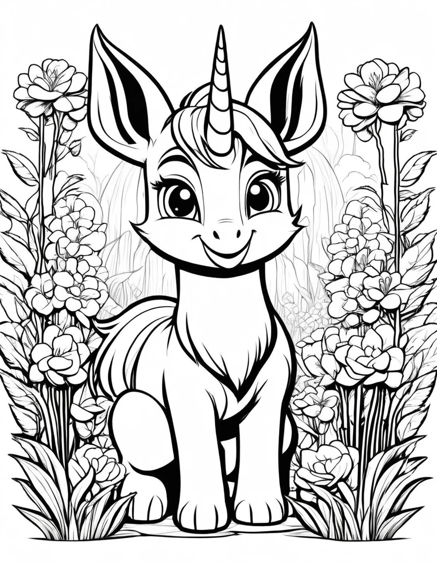 beautiful Unicon, Horny, adult, Fantasy, ดวงตาNo color, Coloring pages for kids, be happy, Bending down to eat grass, At the back is a garden., rainbow, vector art, simple, 2D vector, black lines white background, For beginners, Vector illustration, Pencil strokes, No color, drawing coloring, white background, Pixar style, black and white, For children 3 years old