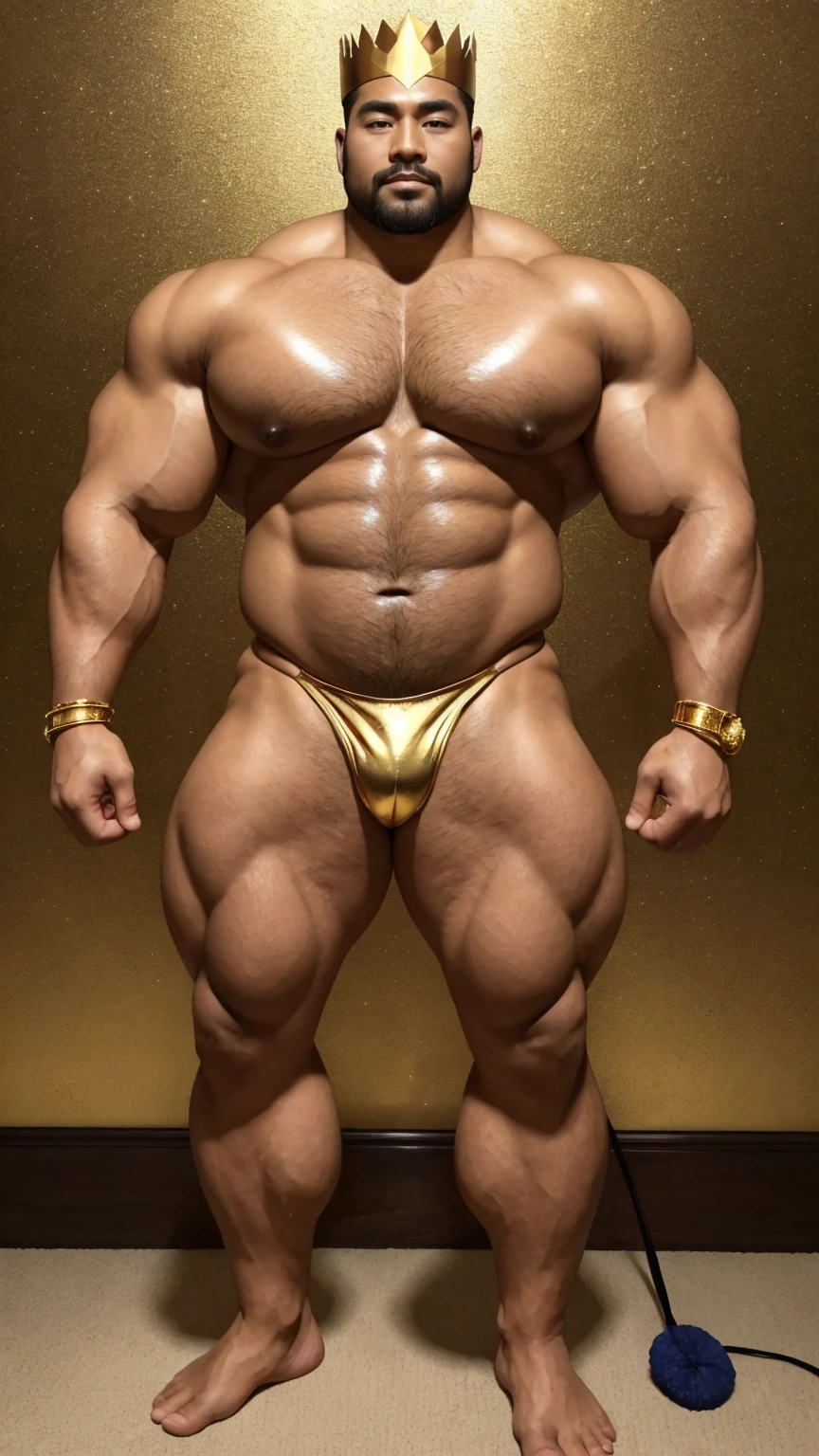 There is only one handsome Asian king in the photo,35 years old,tall, Wearing a golden crown,Crown inlaid with gemstones,Holding a golden scepter,Scepter inlaid with gemstones,Fitness,Smooth body,Smooth skin,No chest hair,short hair, O-Shaped Beard,Perfect body, Dark skin color,Radiant Skin,Smooth skin,Shiny, shiny skin,Smooth pectoral muscles,Muscle bulge, muscular, Very large pectoral muscles,Very sexy abdominal muscles,Very well-developed leg muscles,Huge concave and convex area,Brightens oily skin,Wearing a shiny gold leather thong,Handsome face,Normal human toes,Correct and accurate male body proportions,Gold Collar,Gold bracelet,Gold anklets,Standing in the magnificent palace,Epic。