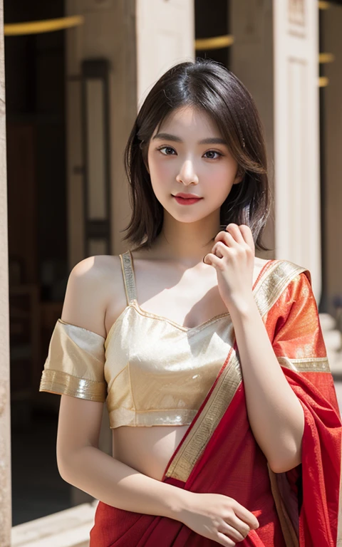Highly detailed CG Unity 8k wallpaper., with the highest quality, (UHD:1.2,32ก), (Iace detailed:1.2), Awesome details, Masterpiece, realistic, ถ่ายภาพrealistic, Cute girl with a lot of details, 25 years old, Blush , weather, small breasts , rift, looking for viewers,((Iull-body shot:1.2)) , (indian sari:1.4), (sitting in the temple:1.2), (outdoor:1.1), (dynamic poses), (Photos from a DSLR camera), ((I/11 Sony A7S 135mm)), (realistic Skin tone),(nsIw:1.4)