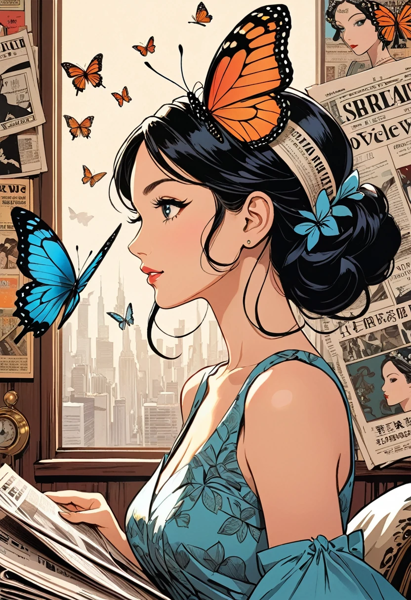 Graphic novel illustrations、Profile of a woman in a dress on a magazine cover、Detailed facial features、Long eyelashes、A butterfly is resting on my head、Newspaper clippings are placed around the room.。The woman&#39;s face is realistic and detailed.、Features vibrant colors and sharp focus。The overall image is a high-resolution masterpiece worthy of a magazine cover.。The art style is a mix of photography and concept art.。The colours are vibrant and eye-catching。The lighting is studio-style.、Soft and gentle lighting。The prompt reads:、It also contains text and barcodes commonly found on magazine covers.。