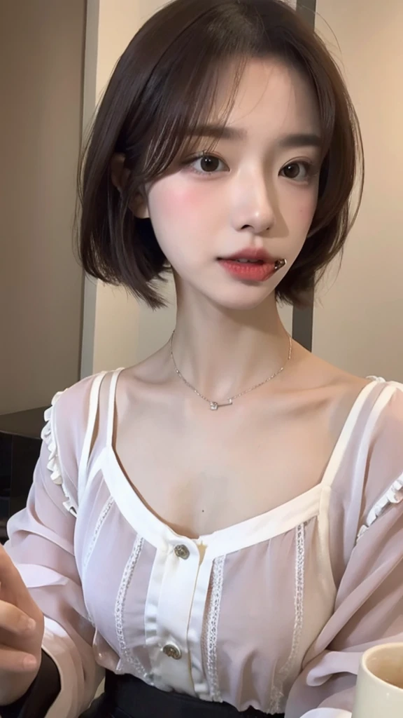(real, High resolution:1.3), short hair, Wearing a blouse,A dainty man dressed as a woman、Eating at home、Transsexual、The collarbone and hands are slightly muscular.、the skin is dark