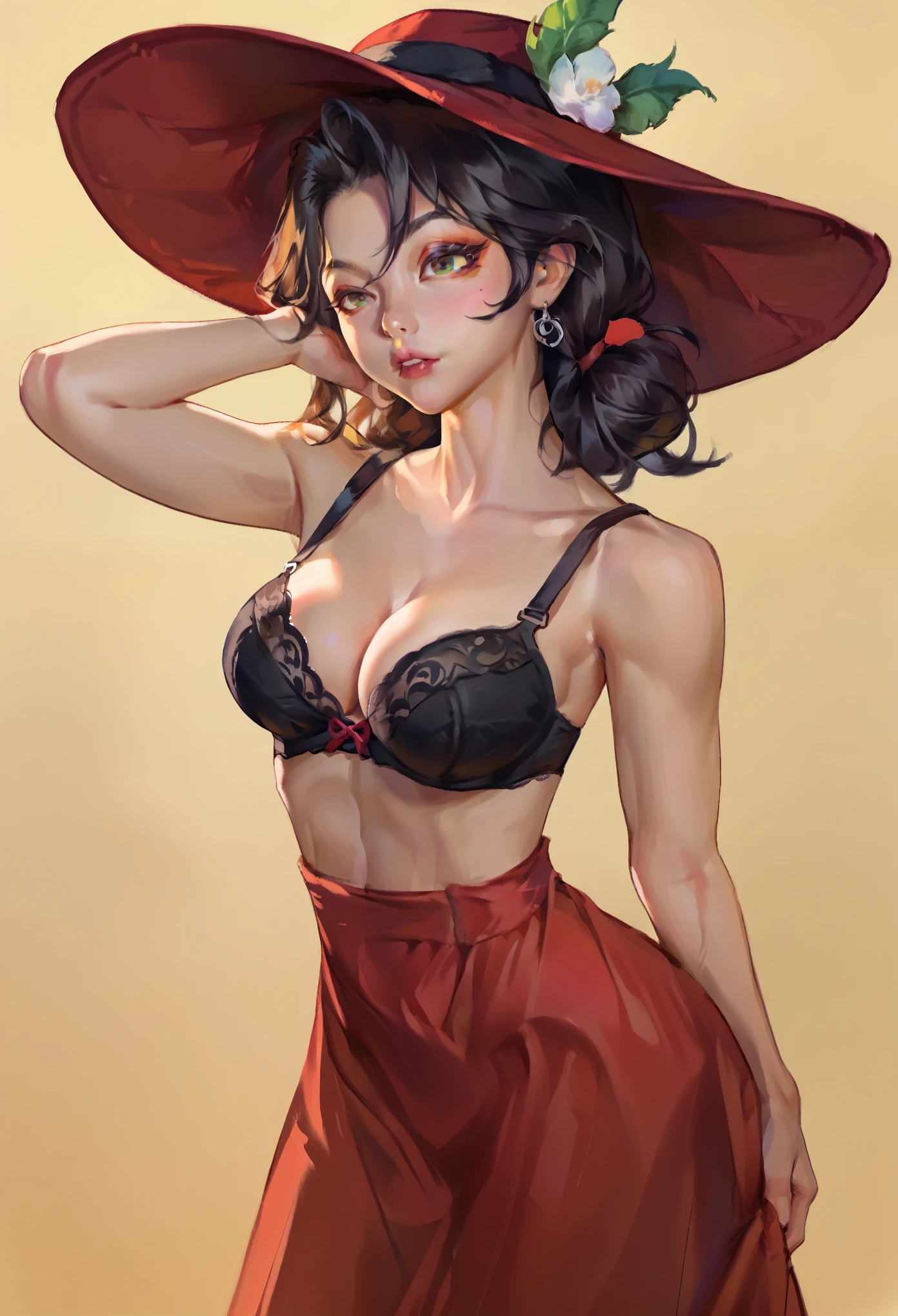 score_9, score_8_up, score_7_up, score_6_up, score_5_up, score_4_up, BREAK 1girl, Mexican female, red dress, cleavage, black bra, red hat, Mexican aesthetic clothing, traditional artesanía background.
