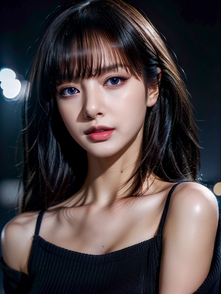 ultra high res, masterpiece, best quality, perfect glossy shiny skins, perfect lighting, detailed lighting, dramatic shadows, ray tracing, black sweater, looking at viewer, off shoulder, blue Eyes, sharp face, sharp eyes,  Cyberpunk, long bangs, open mouse, ((Dark background))